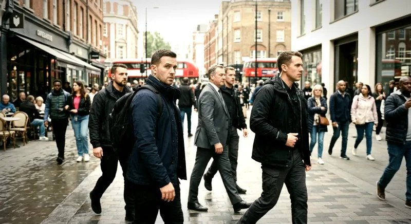 A protection team walking a London street