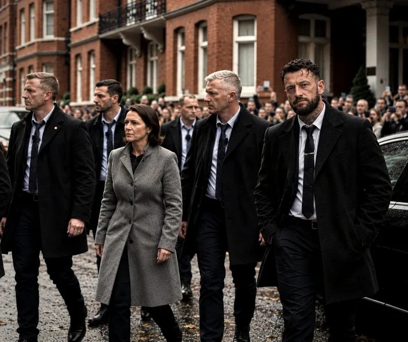 A protection team in dark coats walking a wet street